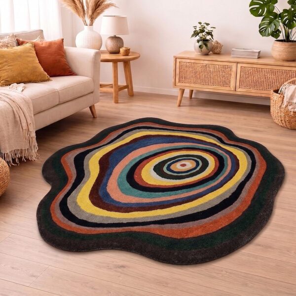 Designer hand tufted rug with colorful abstract layered contours Modern designer hand tufted area rug with irregular shape Contemporary designer hand tufted rug in multicolor tones